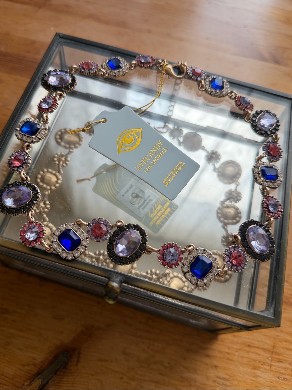 NWT EYECANDY Los Angeles Crystal Cabochons Necklace Pink Purple Blue Gold